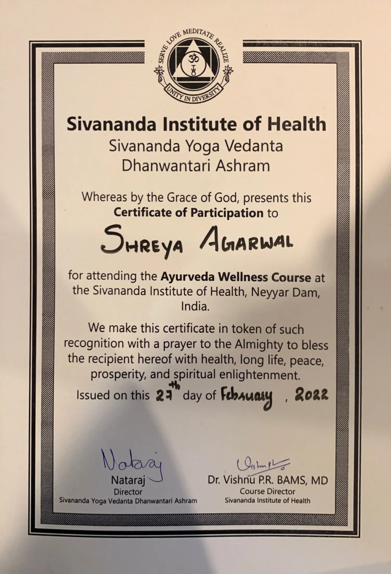 ayurveda certificate